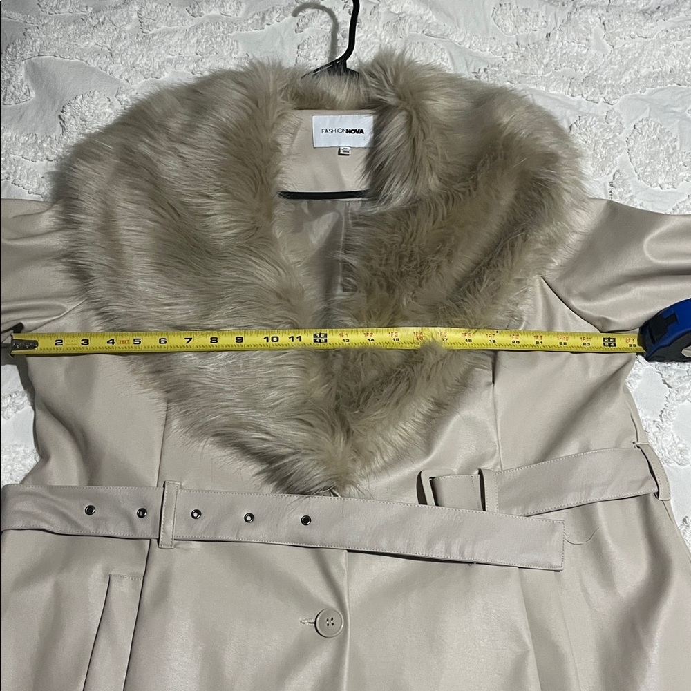 Fashion Nova Cream Faux Leather Trench Coat with Faux Fur - Picture 11 of 11